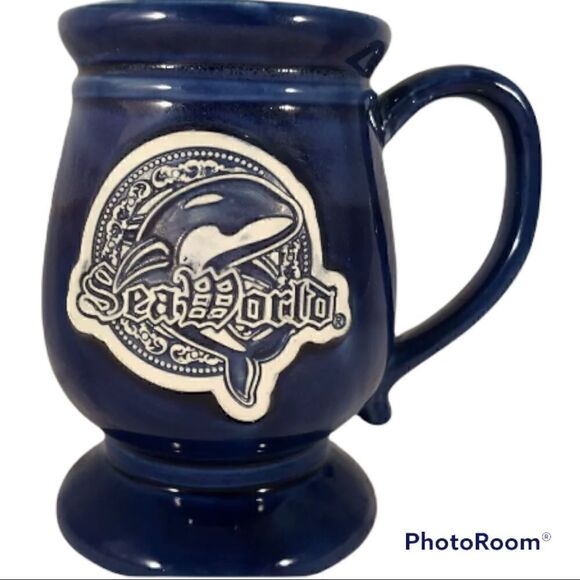 Sea World Shamu Tall Mug Stein Cobalt Blue Ceramic Sea World Emblem - Picture 2 of 6